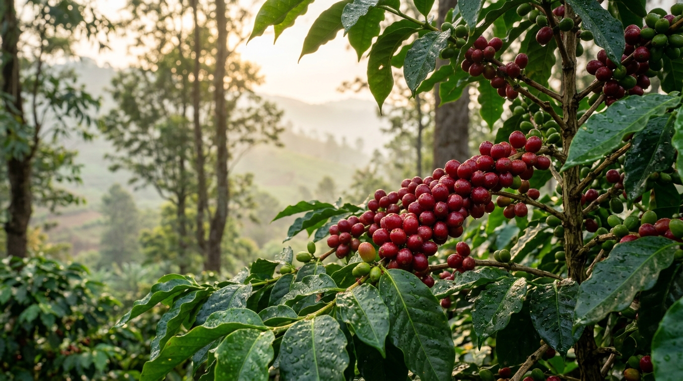 Red ripe Arabica coffee cherries on plantation trees in Araku Valley